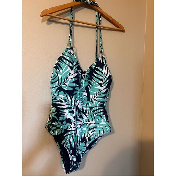 Kona Sol Size S Loop Back One Piece Swimsuit Navy Aqua Palm Print Tropical Beach - Picture 4 of 11